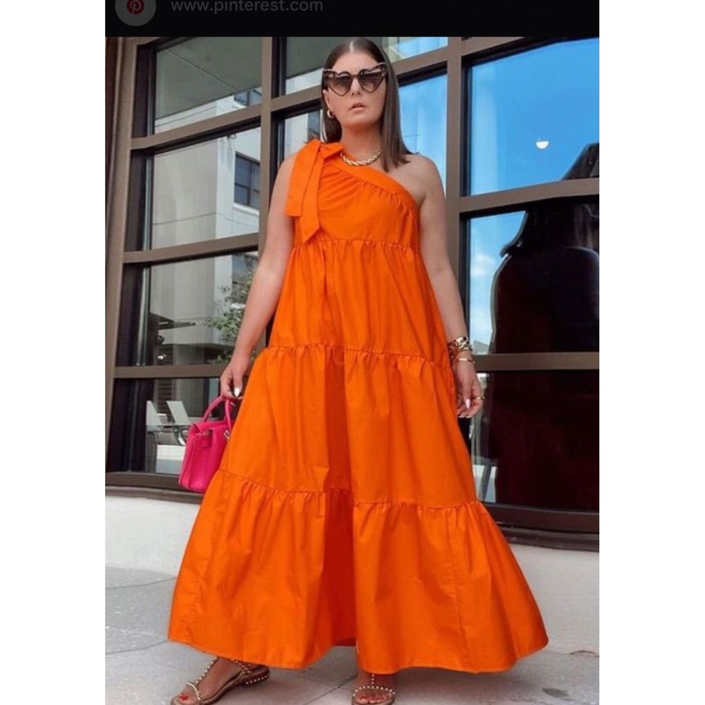 New Who What Wear Womans XL Dress One Shoulder Orange Tier Pockets